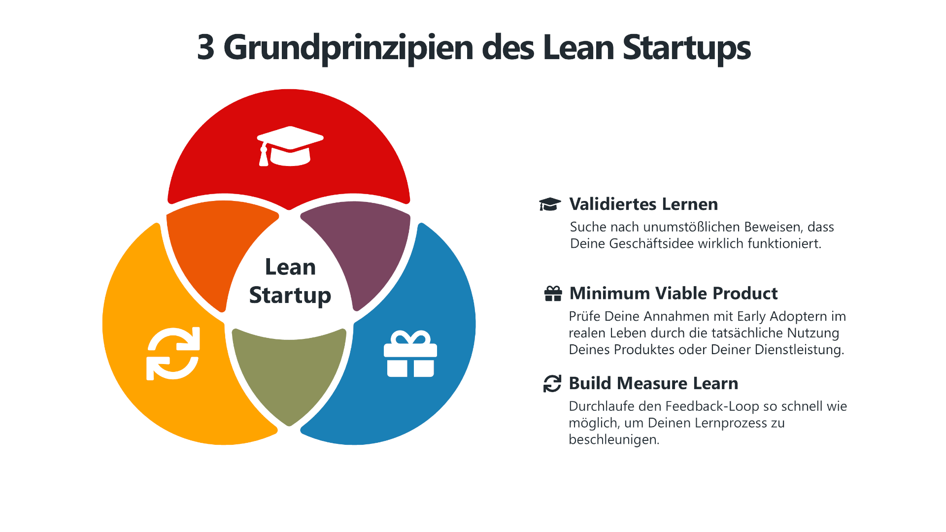Grundprinzipien des Lean Startups mit einem Diagramm in drei bunten Segmenten, das die Konzepte Validiertes Lernen, Minimum Viable Product und Build Measure Learn veranschaulicht. Rechts daneben befinden sich kurze Beschreibungen der drei Prinzipien.