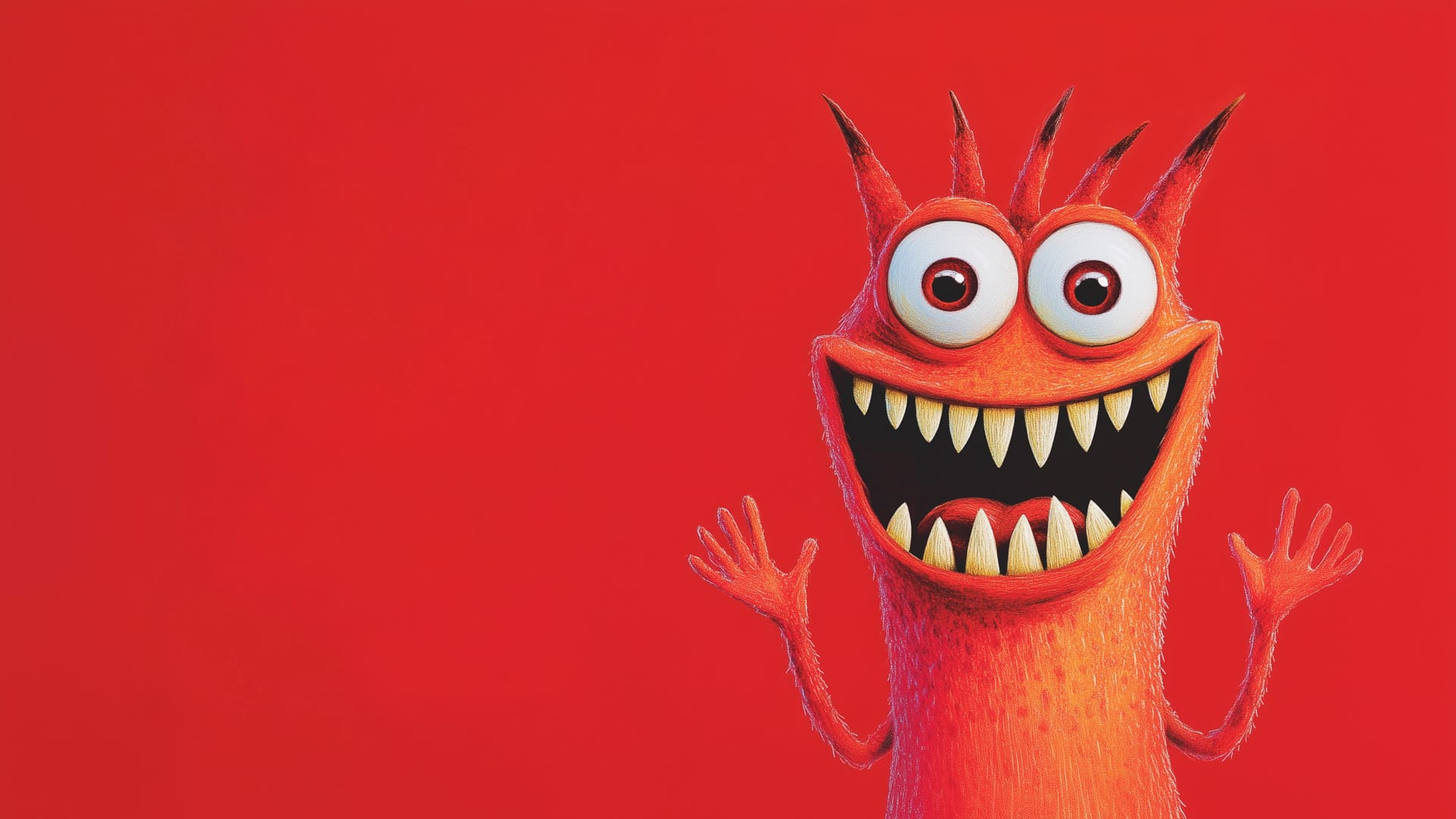 Ein lachendes rotes Monster mit Fangzähnen und erhobenen Händen vor einem roten Hintergrund