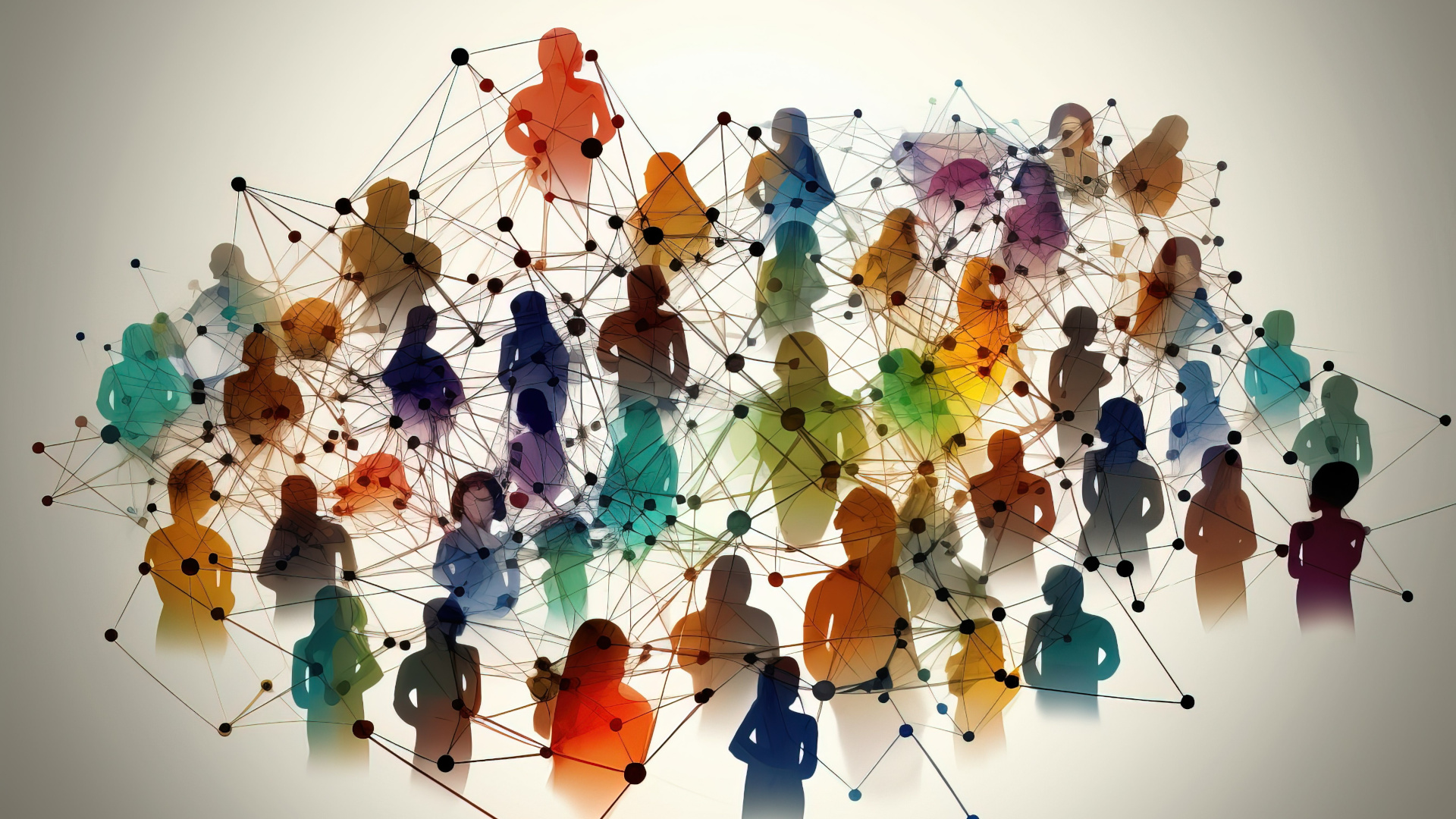 Abstrakte Darstellung von Menschen in einem Netzwerk, verbunden durch Linien und Knoten – Symbolbild für Netzwerken, Vielfalt und Austausch in einer Community.