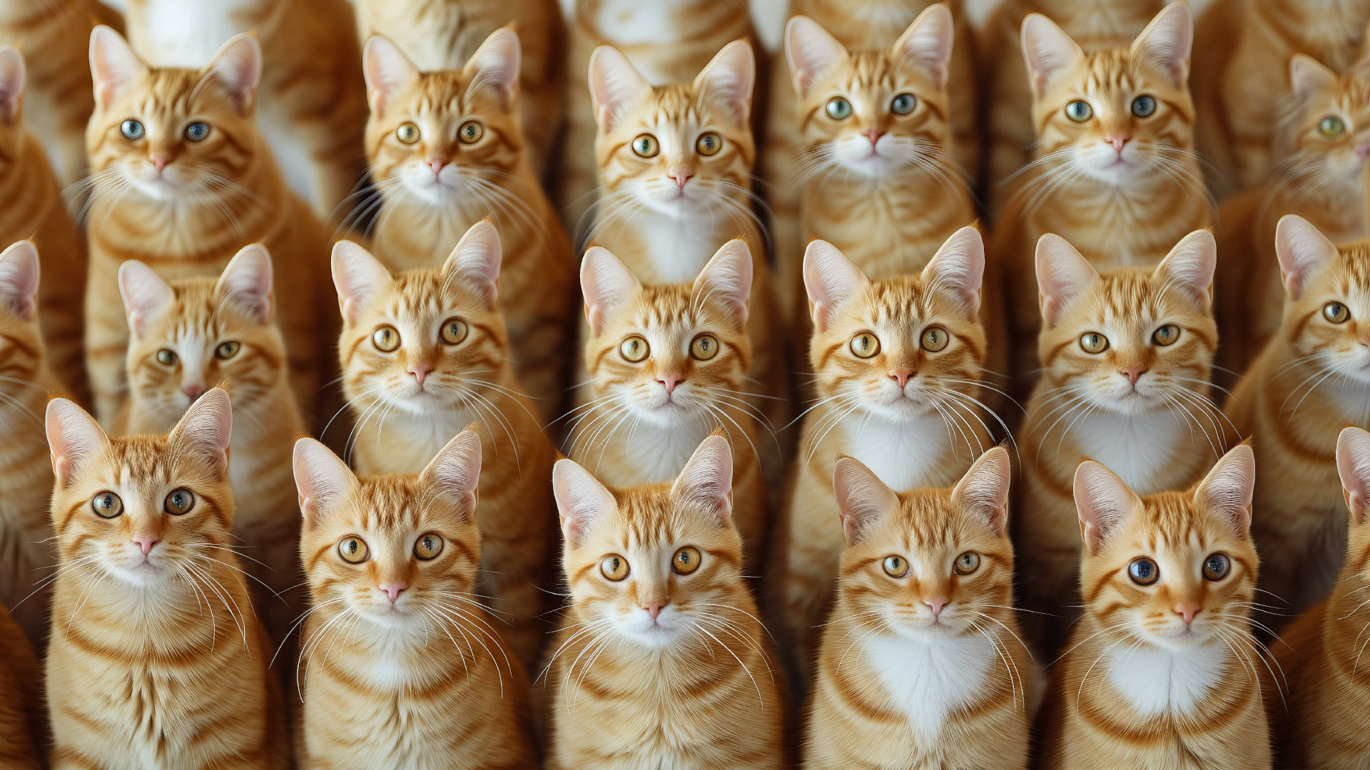 Eine große Gruppe identischer rot getigerter Katzen mit weißen Brustflecken, die alle direkt in die Kamera blicken.