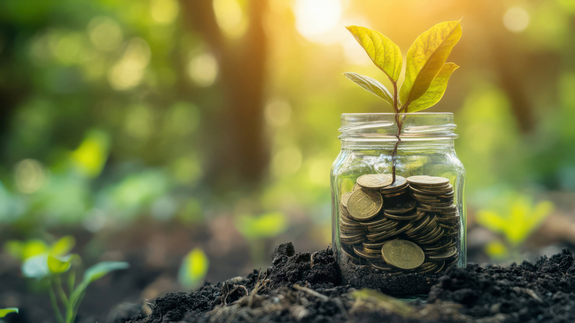 Glasgefäß gefüllt mit Münzen, aus dem ein kleiner Baum wächst, steht in dunkler Erde mit grünem Hintergrund. Die Darstellung symbolisiert Crowdfunding als Möglichkeit, ein Minimum Viable Product zu finanzieren und erste Marktreaktionen zu testen.