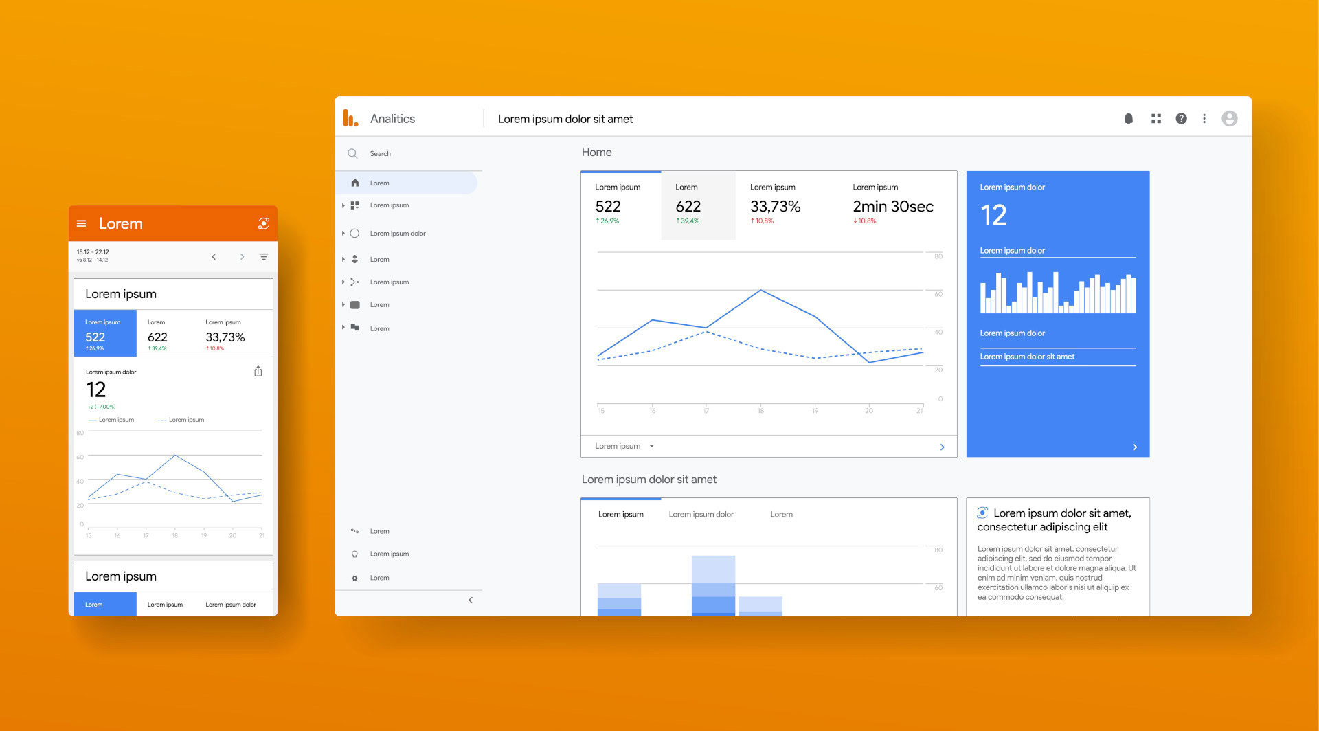 Eine digitale Web-Analyse-Dashboard-Oberfläche mit Diagrammen und Kennzahlen auf einem Desktop- und Mobilbildschirm.