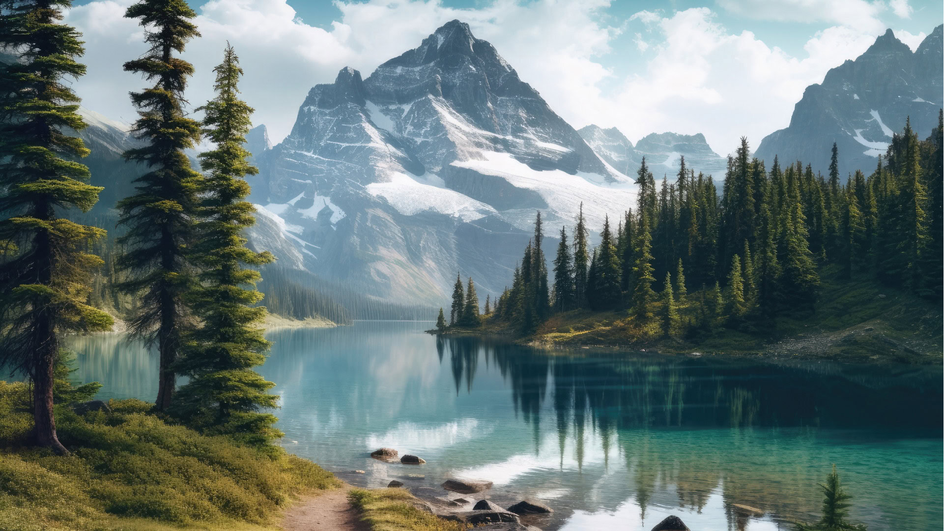 Berglandschaft mit einem klaren, türkisfarbenen See, umgeben von hohen, immergrünen Nadelbäumen, mit einem schneebedeckten Gipfel im Hintergrund. Die immergrünen Bäume symbolisieren „Evergreen“-Inhalte, die langfristig Bestand haben. Im Gegensatz dazu steht das OKR-Prinzip, das regelmäßige Anpassungen und Fortschritt betont – vergleichbar mit dem stetigen Wandel in der Natur.
