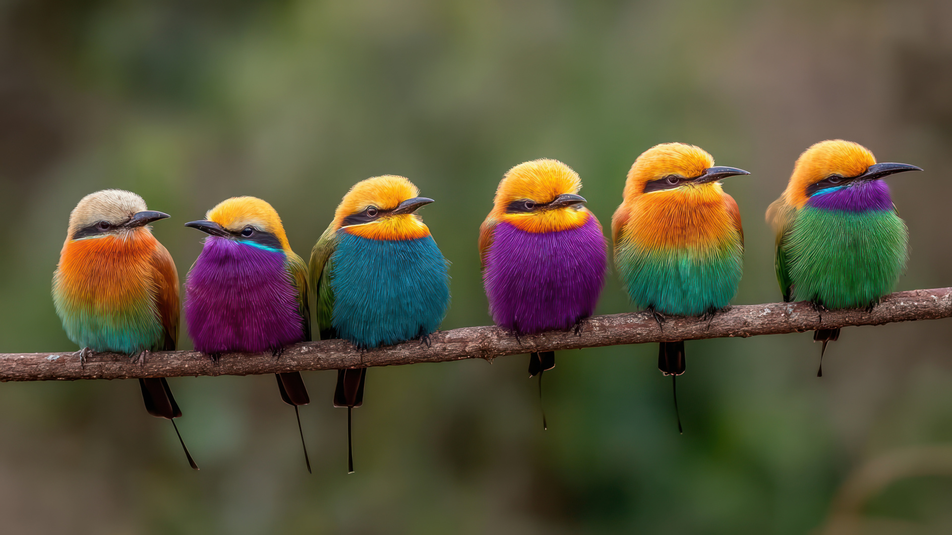 Sechs bunte Vögel sitzen aufgereiht auf einem Ast – alle in leuchtenden Farben, aber mit kleinen Unterschieden. Symbolisch für Gleichförmigkeit mit Nuancen – und die Herausforderung, wirklich herauszustechen