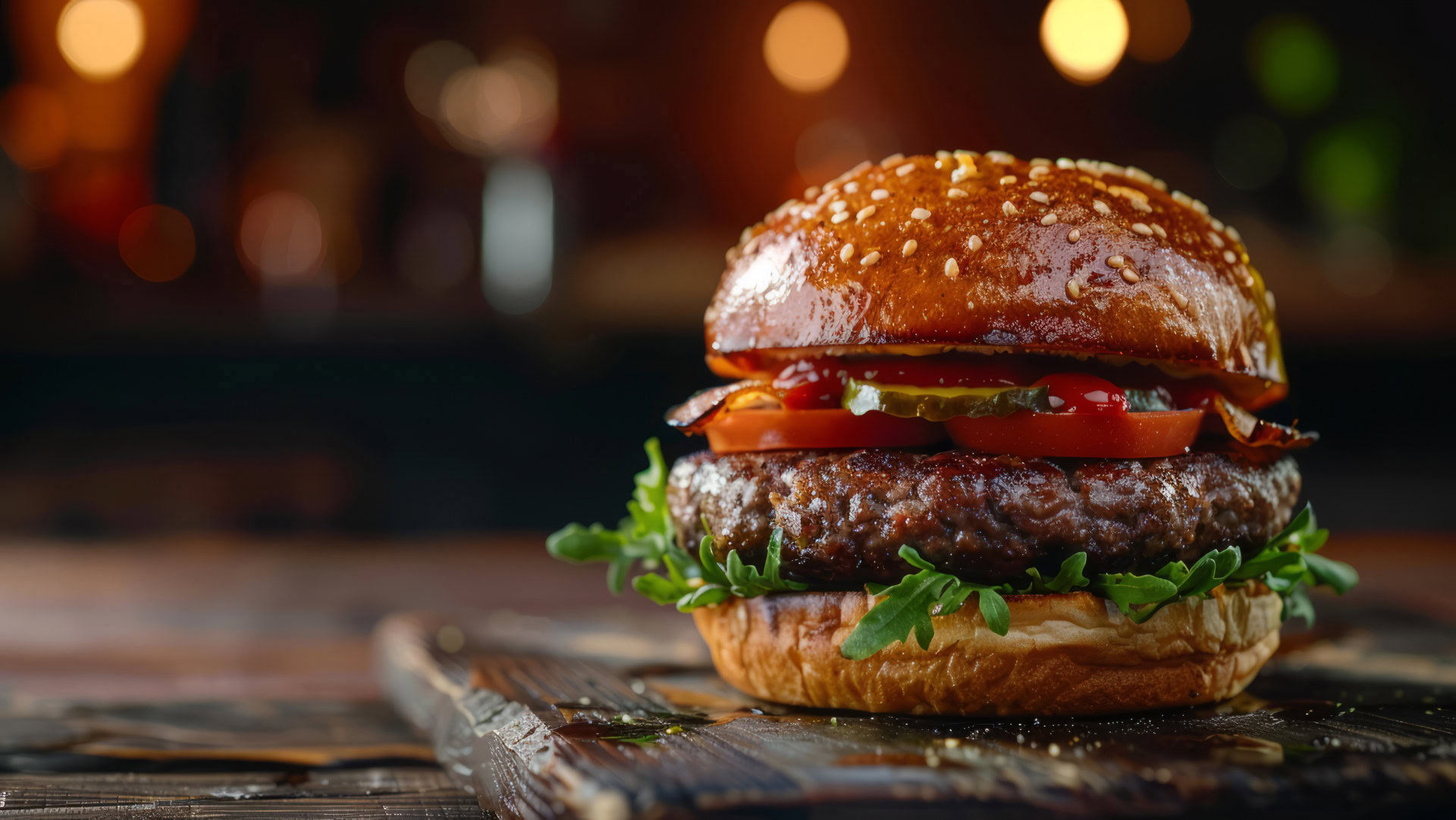 Ein saftiger Burger mit knackigem Salat, Tomaten, Gurken und einem glänzenden Sesam-Brötchen, appetitlich angerichtet auf einem rustikalen Holzbrett. Obwohl er aussieht wie ein klassischer Burger, kommt er ohne Fleisch aus – ein innovatives Geschäftsmodell, das auf gesellschaftlichen Trends wie Nachhaltigkeit und bewusster Ernährung basiert.