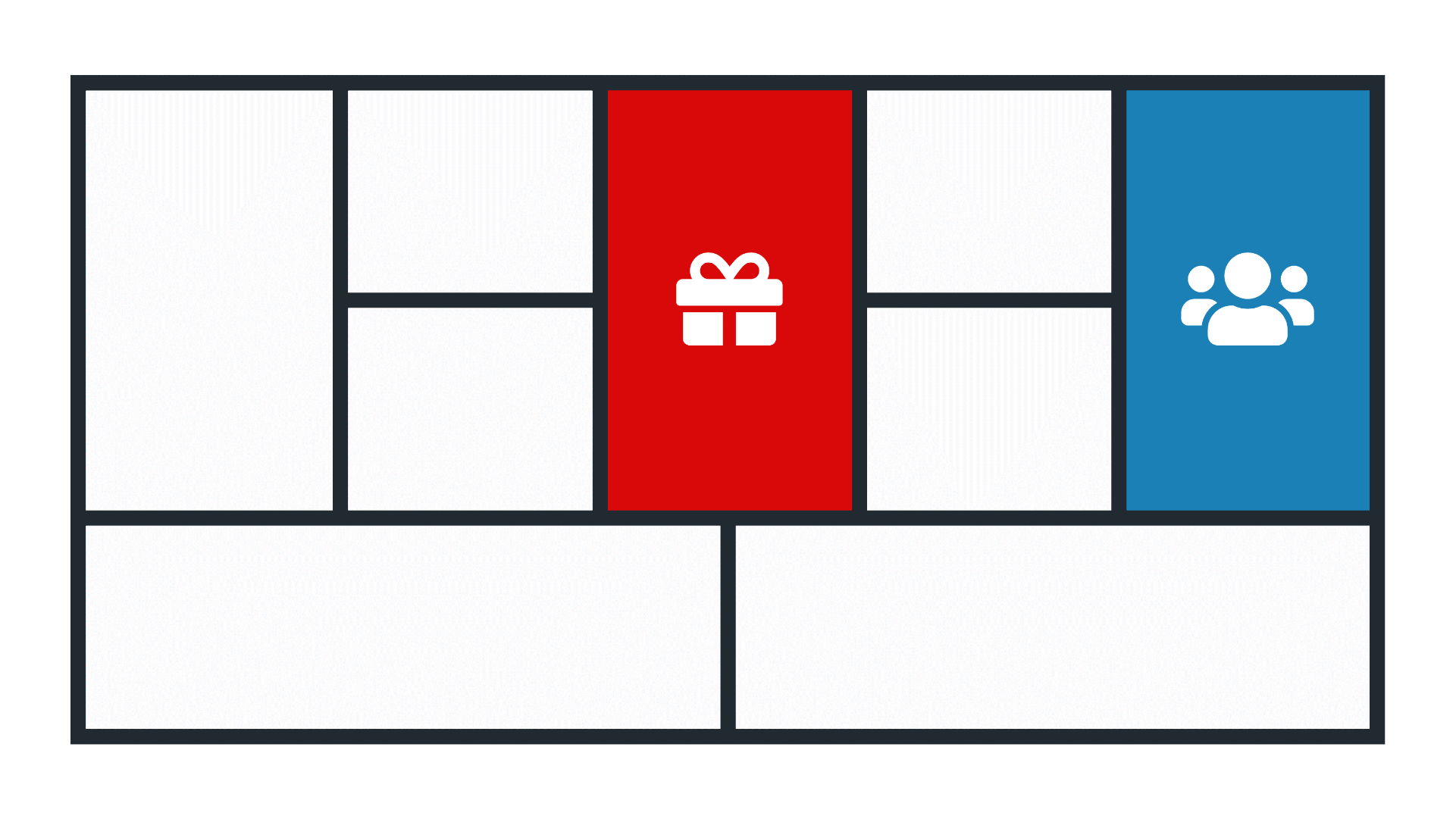 Das Business Model Canvas mit Fokus auf den Business Model Fit. Die beiden hervorgehobenen Bereiche sind das Wertangebot (rot) mit einem Geschenk-Symbol und das Kundensegment (blau) mit einem Gruppen-Symbol. Um den Business Model Fit zu erzielen, müssen Value Proposition und Customer Segment in ein funktionierendes Geschäftsmodell eingebettet sein.