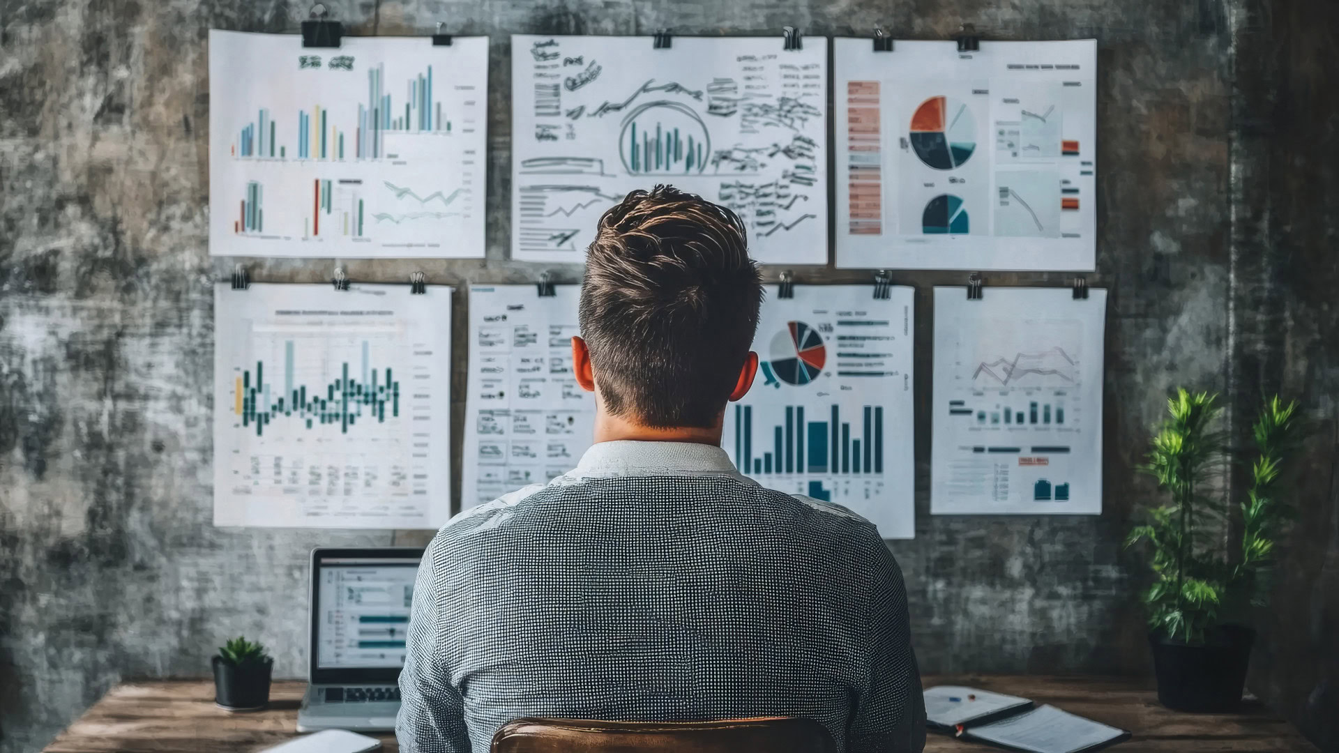 Ein Mann sitzt an einem Schreibtisch und betrachtet eine Wand voller Geschäftsdiagramme, Berichte und Analysen, die an einer rustikalen Betonwand befestigt sind, was die Unsicherheit und Komplexität vieler unbestätigter Annahmen in Businessplänen symbolisiert.