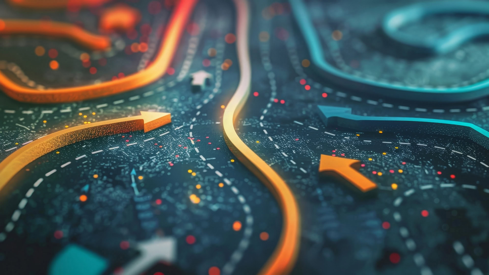 Eine abstrakte Darstellung von Wegen und Pfeilen in leuchtenden Farben auf einer dunklen, digital wirkenden Oberfläche. Die geschwungenen Linien und verschiedenen Richtungen symbolisieren die Customer Journey Map, die den Weg eines Kunden von der ersten Berührung mit einem Produkt bis zur Nutzung nachzeichnet. Oft wird sie mit der Buyer Utility Map verwechselt, die sich darauf konzentriert, welche Nutzenhebel in den verschiedenen Phasen des Kaufprozesses wirken.