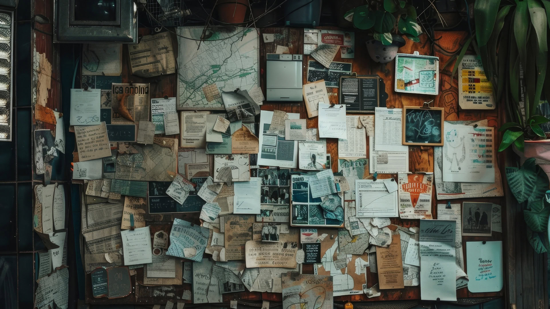 Eine chaotische Pinnwand voller Notizen, Fotos, Karten und Zeitungsausschnitte, die mit Nadeln, Büroklammern und Klebeband befestigt sind. Die Collage vermittelt den Eindruck einer intensiven Recherche oder Spurensuche. Das Bild steht sinnbildlich für das User Shadowing, eine Methode, bei der durch Beobachtung viele wertvolle Informationen über das Verhalten und den Kontext einer User Persona gesammelt werden können.