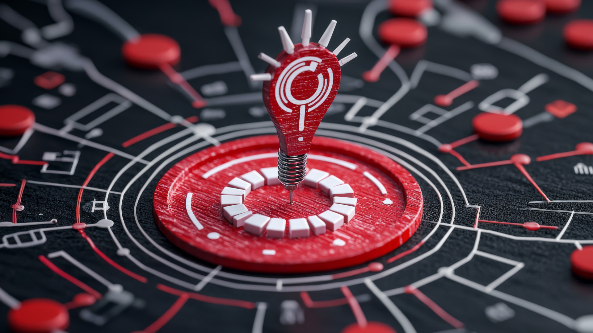 Rote Zielscheibe mit zentraler Glühbirne symbolisiert Klarheit, Fokussierung und Analyse. Verdeutlicht: Ein strategisches Ziel bildet die Grundlage, um Herausforderungen gezielt zu verstehen und zu adressieren.