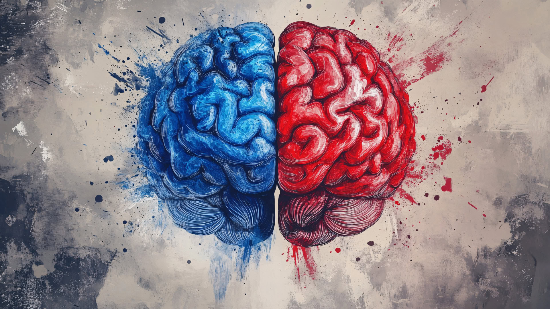 Illustration eines Gehirns mit einer blauen und einer roten Hälfte, die das Zusammenspiel von divergentem und konvergentem Denken symbolisieren, mit dynamischen Farbspritzern auf einem abstrakten Hintergrund.