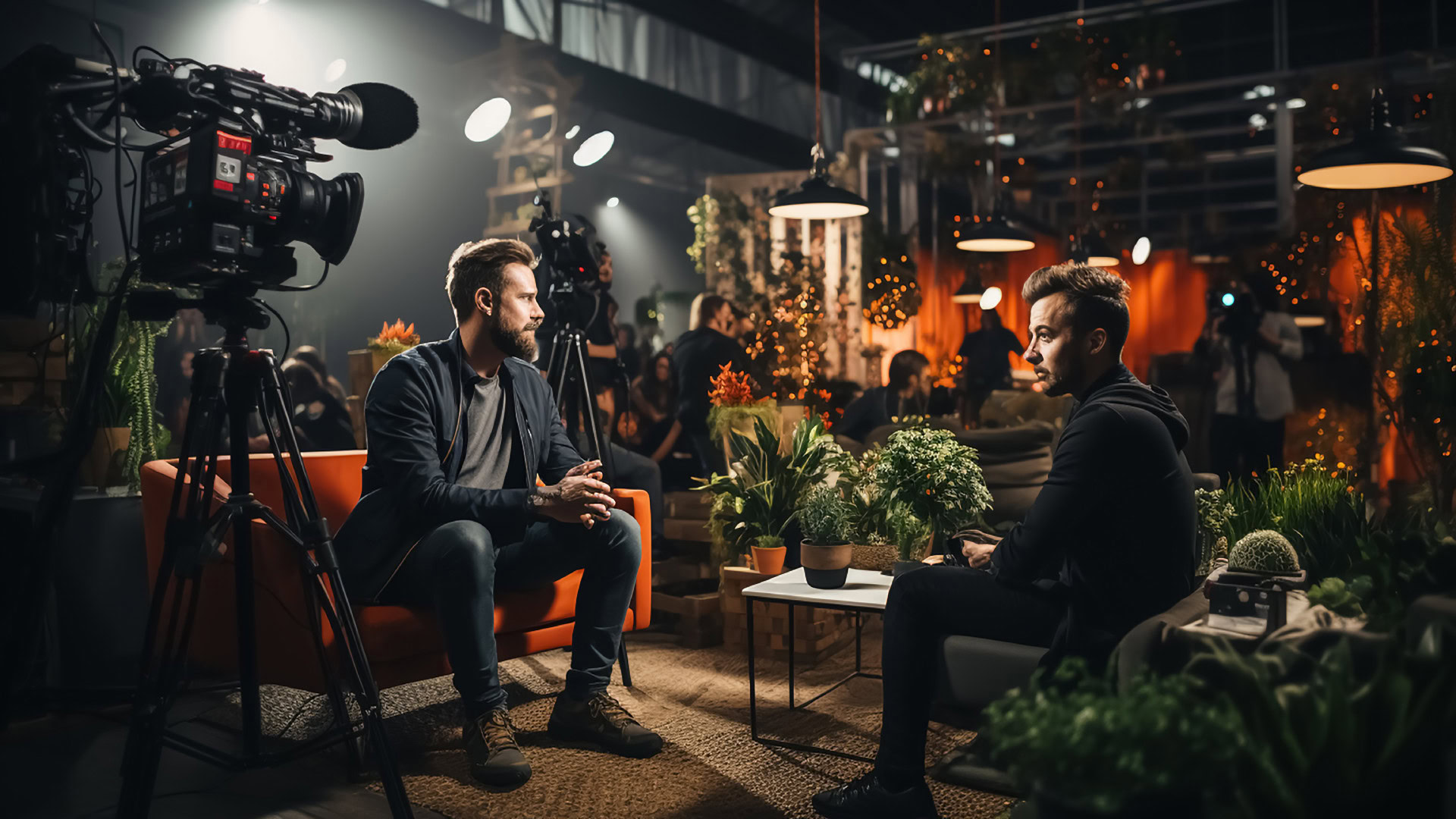 Zwei Männer im Gespräch auf einer Bühne mit Kameras und Pflanzenkulisse — inszenierte Szene für ein User Interview im Rahmen eines explorativen Design-Prozesses.