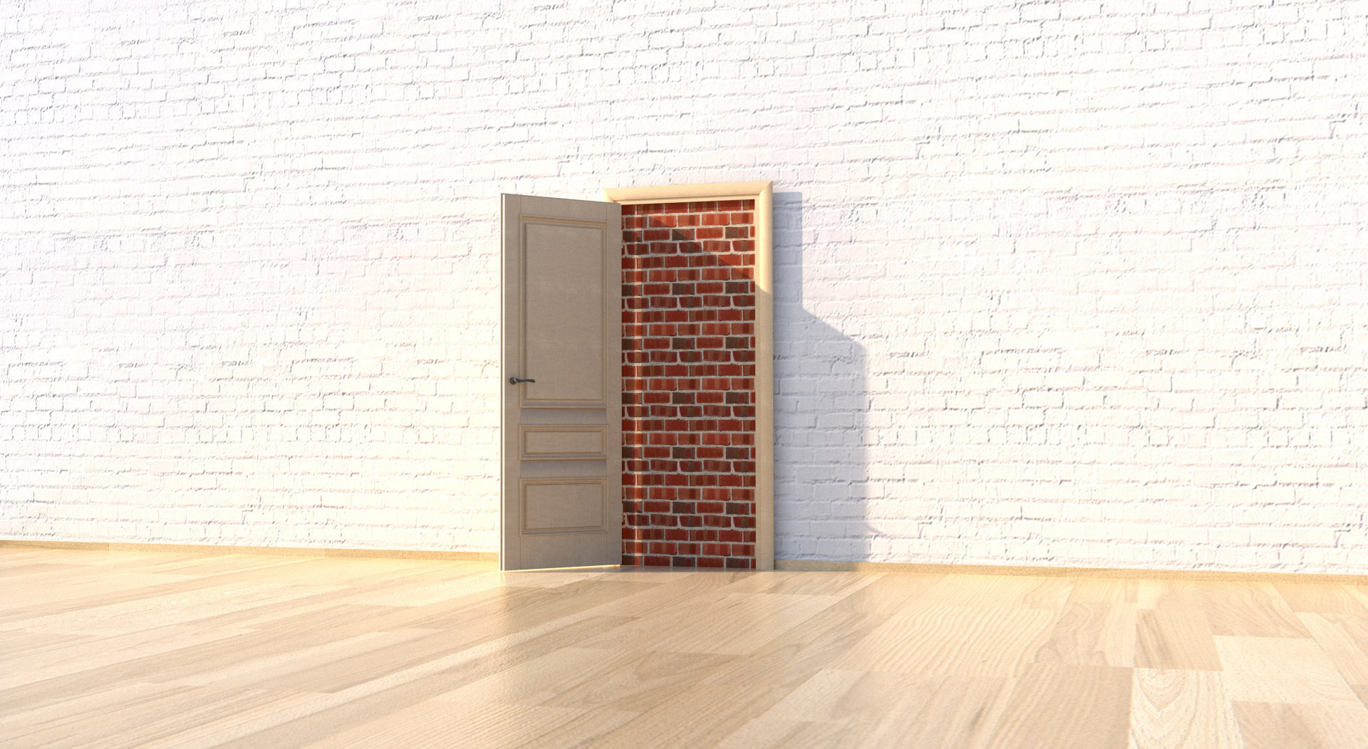 Geöffnete Tür in einer weißen Backsteinwand, die ins Nichts führt, dahinter eine zugemauerte Fläche aus roten Ziegelsteinen. Die Darstellung symbolisiert den Fake-Door-Test als Methode zur Validierung eines Minimum Viable Products.