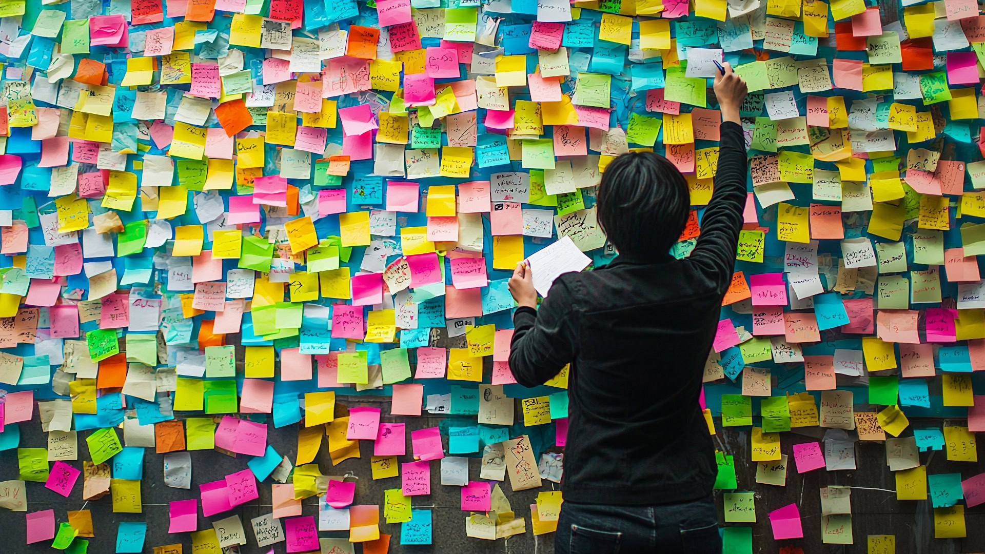 Eine Person steht vor einer riesigen Wand, die vollständig mit bunten Post-it-Zetteln bedeckt ist. Sie hält einen Zettel in der Hand und fügt einen weiteren hinzu. Die Wand wirkt chaotisch und überladen, was den Eindruck einer Informationsflut vermittelt. Das Bild symbolisiert die Herausforderung bei der Erstellung einer User Persona: den Fokus auf das Wesentliche zu behalten und sich nicht in übermäßigen Details zu verlieren.