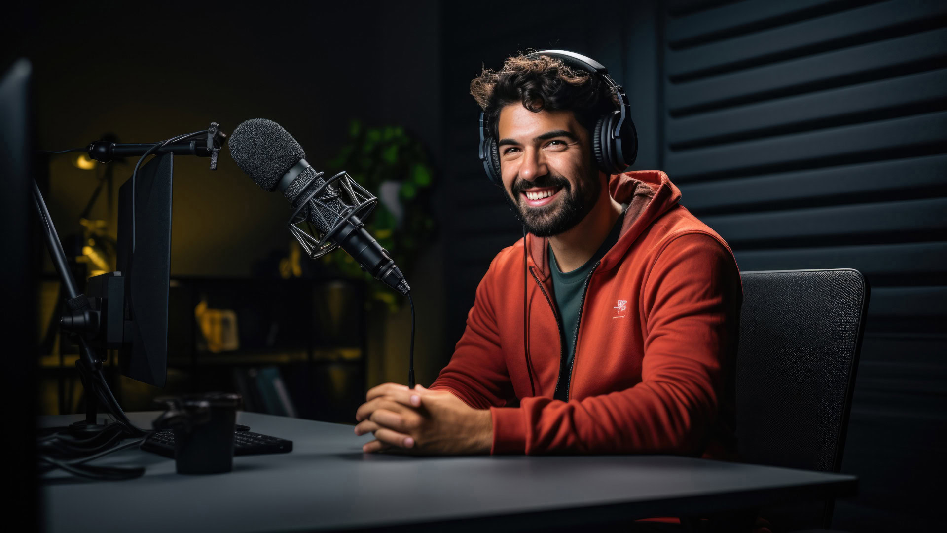 Lächelnder Mann mit Kopfhörern vor Mikrofon in professioneller Studioumgebung während der Aufzeichnung eines User Interviews.