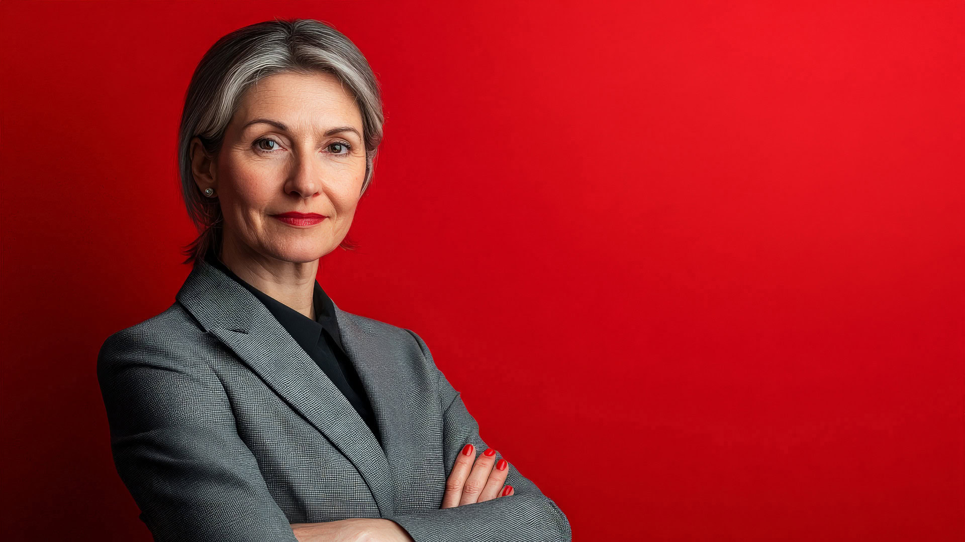 Selbstbewusste Frau im Business-Outfit vor rotem Hintergrund. Achte auf rechtliche Aspekte beim Fake-Door-Test, die mit einem Rechtsanwalt geklärt werden sollten.