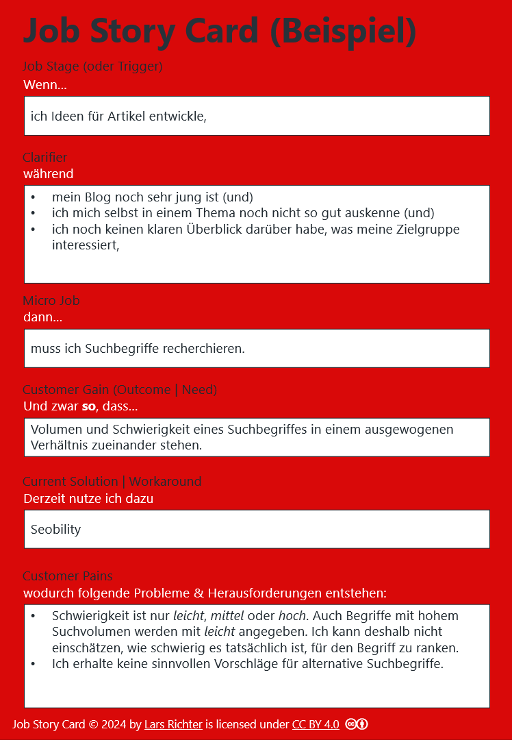 Abbildung einer Job Story Card mit rotem Hintergrund und strukturierten Feldern für verschiedene Elemente der Job Story.