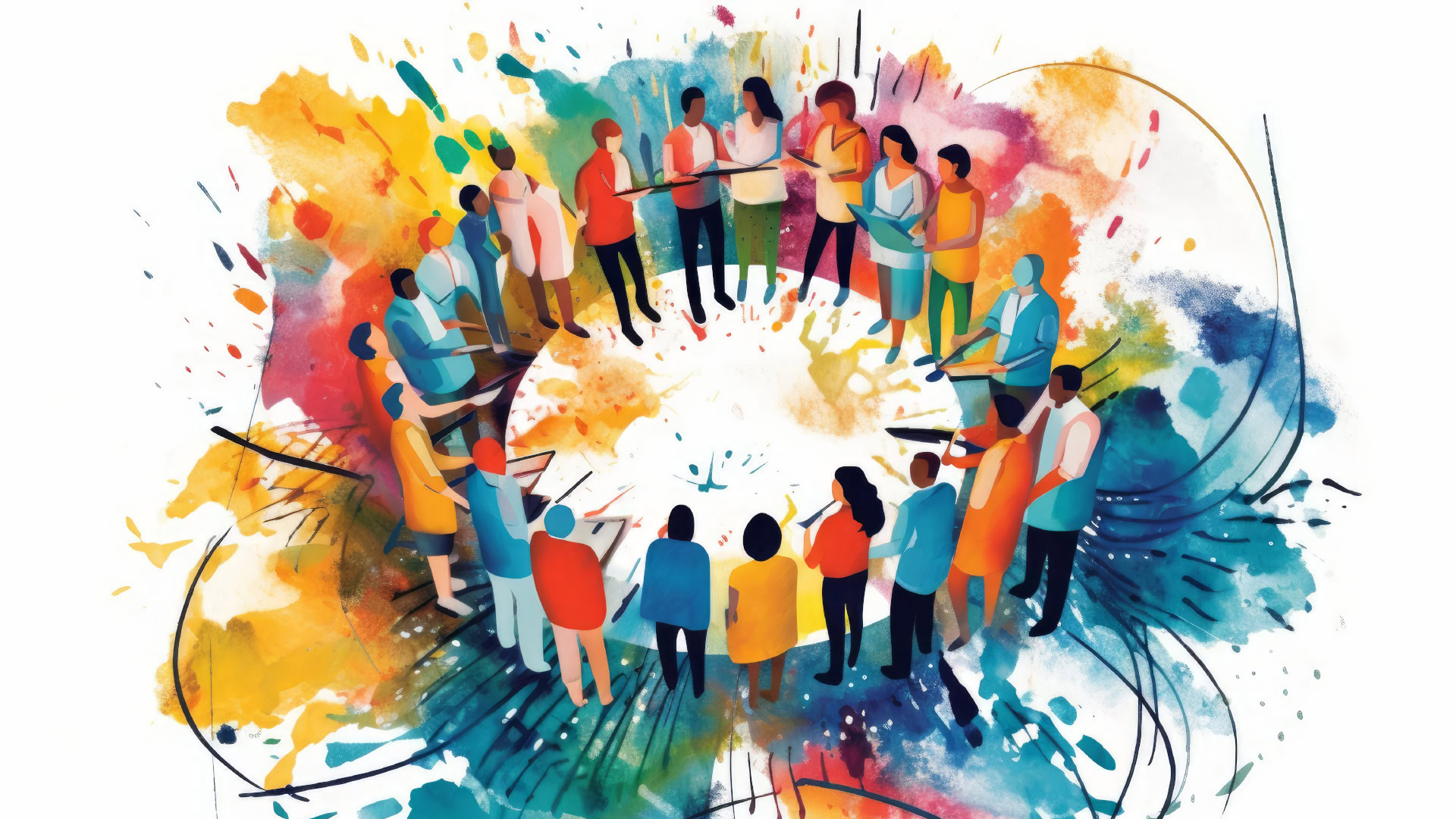 Ein Kreis aus Menschen, die sich in einer farbenfrohen, abstrakten Umgebung versammeln, um gemeinsam Ideen auszutauschen. Die dynamischen Pinselstriche und lebendigen Farben symbolisieren kreative Felder, in denen Innovation und Zusammenarbeit entstehen.