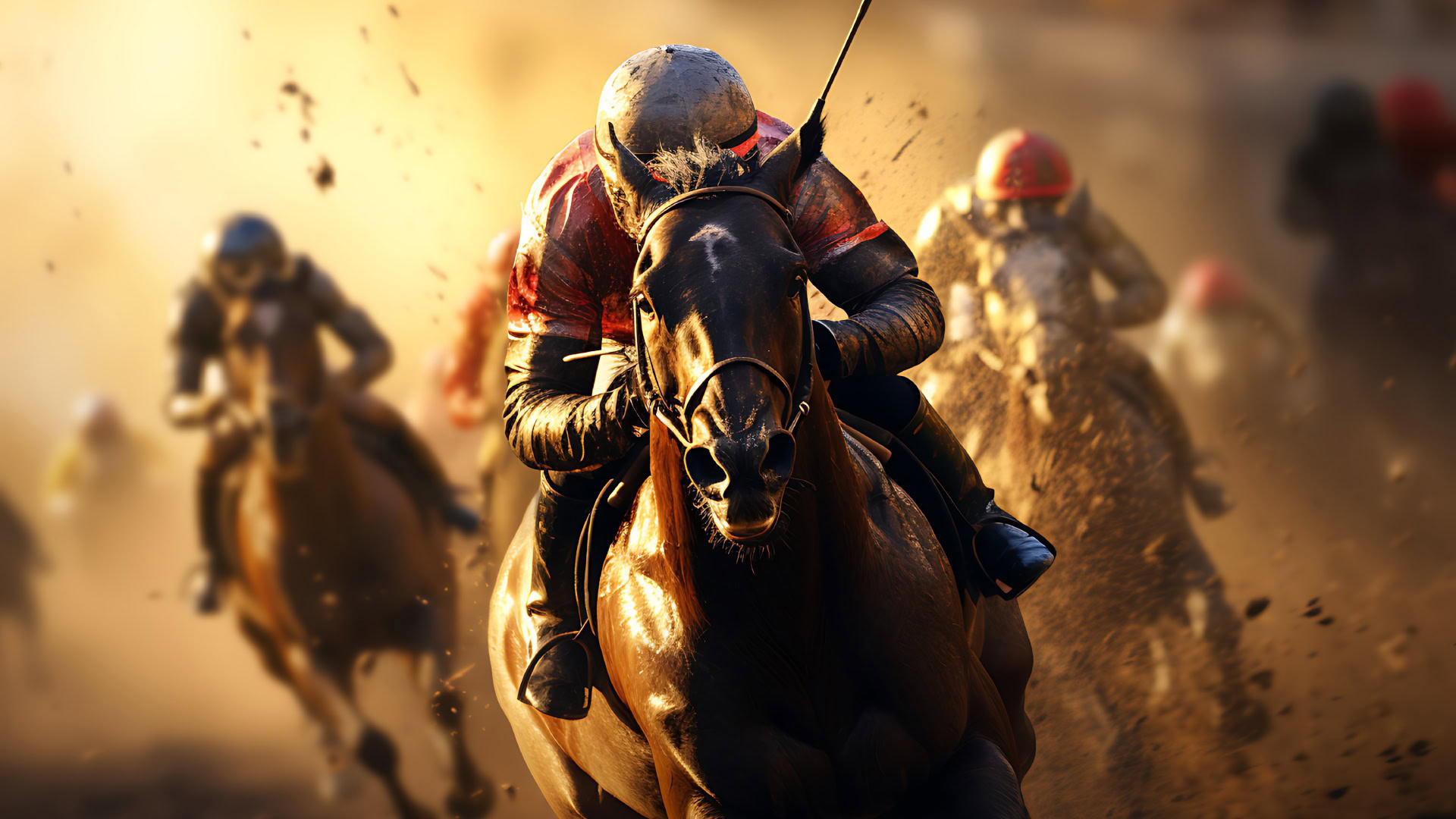 Ein Reiter in voller Rennmontur treibt sein Pferd mit voller Geschwindigkeit voran, während andere Jockeys in einer Staubwolke hinter ihm zurückbleiben. Die Szene symbolisiert die Herausforderung, Kundenwünsche richtig zu interpretieren – inspiriert von der berühmten Henry-Ford-Metapher: "Wenn ich die Menschen gefragt hätte, was sie wollen, hätten sie gesagt: schnellere Pferde." Dieses Bild verdeutlicht das Konzept der Jobs to Be Done (JTBD) – Kunden wollen nicht einfach nur ein schnelleres Pferd, sondern eine effizientere Möglichkeit, von A nach B zu gelangen.
