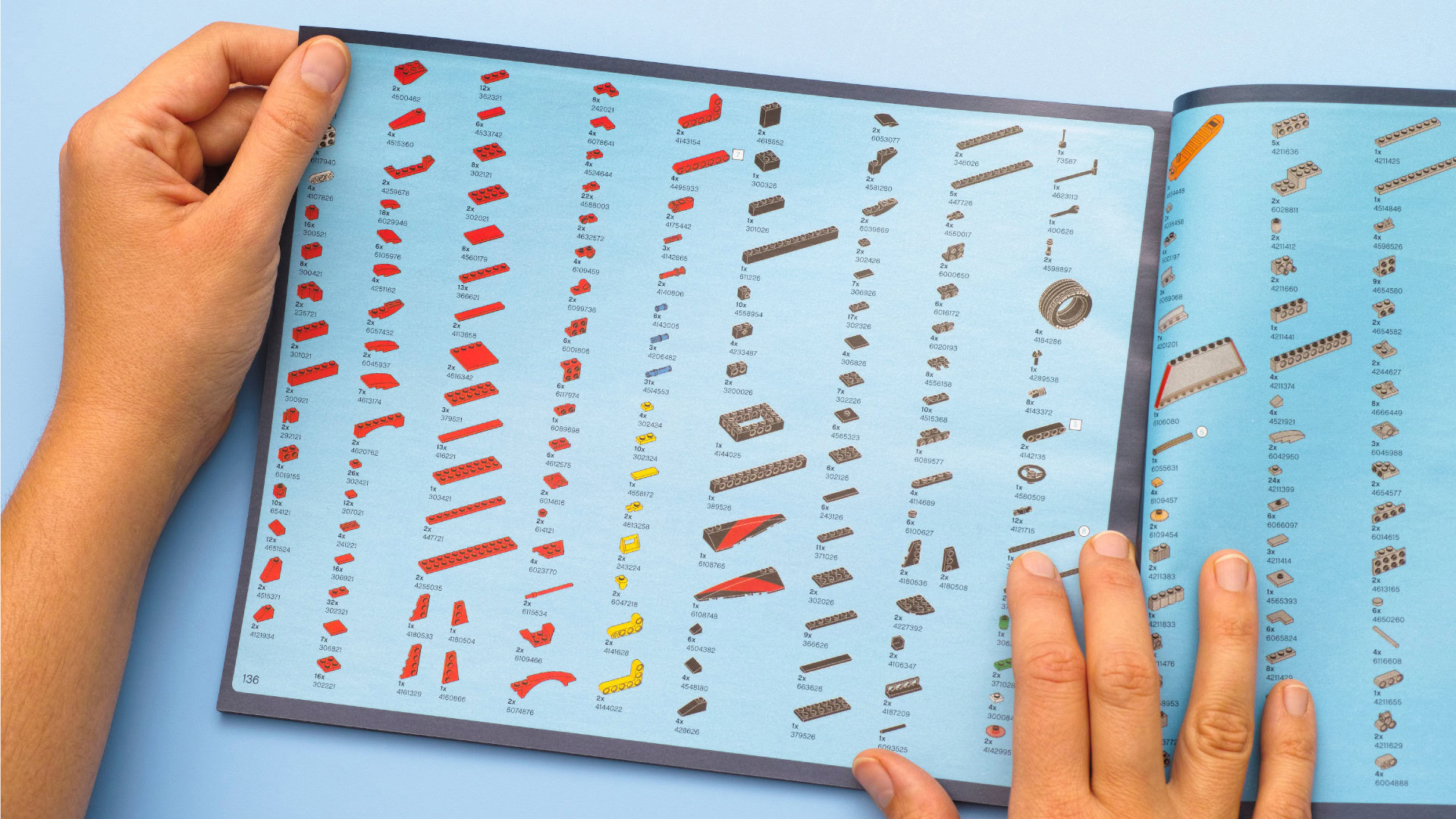 Eine aufgeschlagene LEGO-Bauanleitung mit einer detaillierten Übersicht über verschiedene Bauteile. Die Seiten zeigen eine strukturierte Anordnung von LEGO-Steinen mit Nummern und Mengenangaben. Dieses Bild verdeutlicht, warum LEGO ein Beispiel für komplizierte Systeme ist – es gibt viele einzelne Teile, aber mit einem klaren Plan und den richtigen Anweisungen lassen sich komplexe Modelle systematisch zusammensetzen.