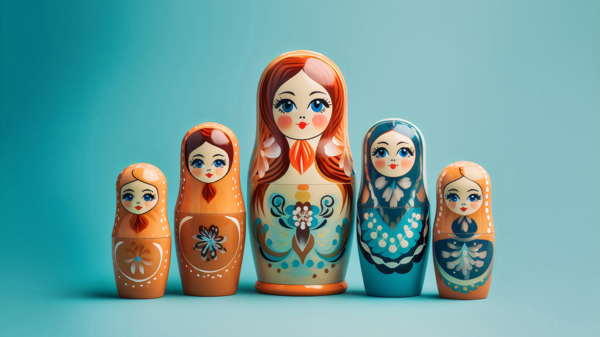 OKR Beispiel für ein schlechtes Key Result mit dem "Matrjoschka-Effekt". Fünf bunte russische Matrjoschka-Puppen stehen in einer Reihe, symbolisieren verschachtelte Metriken innerhalb eines Key Results. Verdeutlicht das Problem, wenn Key Results zu komplex und ineinander verschachtelt sind, sodass der eigentliche Fortschritt schwer zu messen ist.