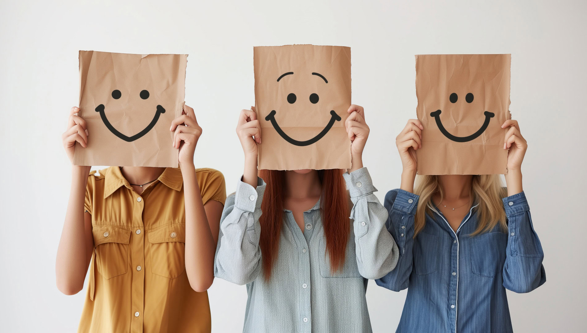 Drei Frauen halten jeweils ein Stück braunes Papier mit einem aufgemalten Smiley vor ihr Gesicht, sodass ihre Mimik verborgen bleibt. Sie tragen unterschiedliche Farben und Stile, was auf Vielfalt hinweist. Das Bild symbolisiert die drei Arten von Nichtkunden – baldige, ablehnende und unentdeckte –, die in der Blue-Ocean-Strategie eine zentrale Rolle spielen.