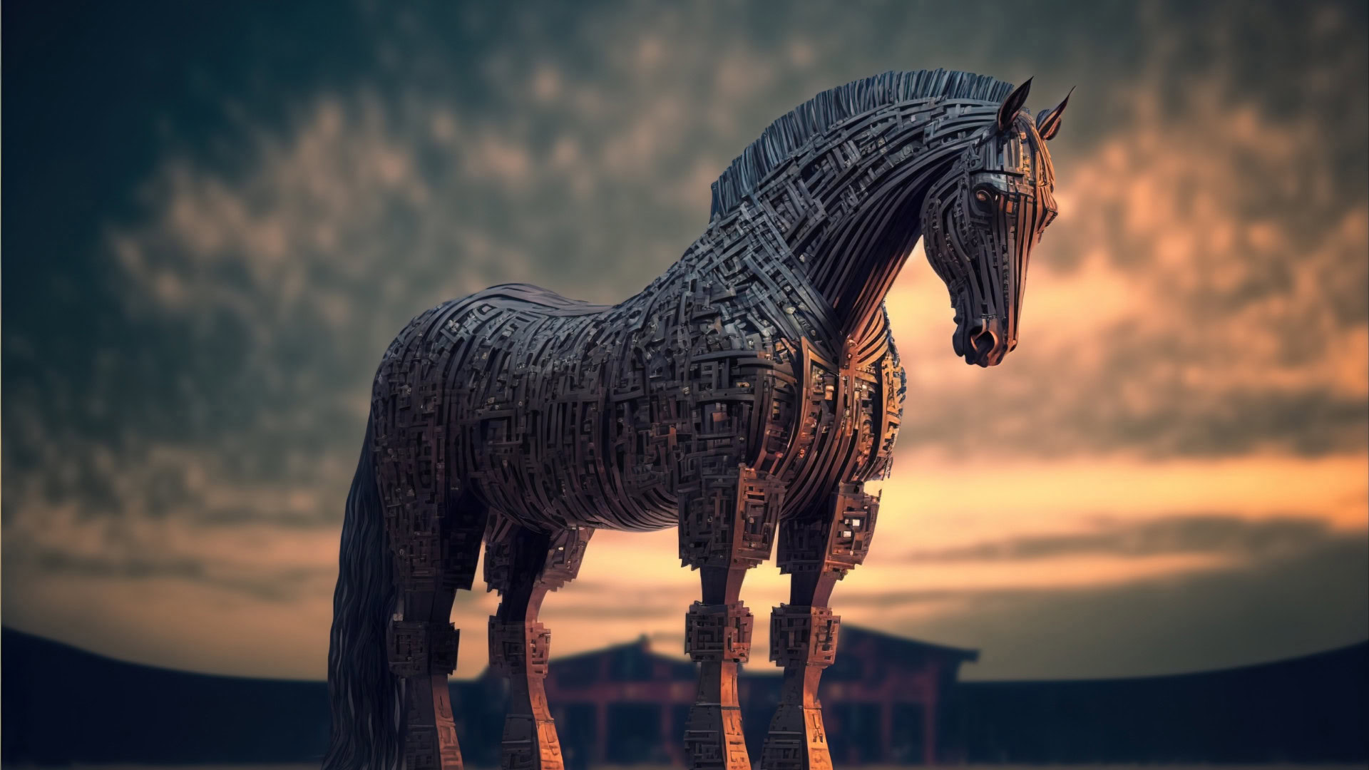 OKR Beispiel mit einem trojanischen Pferd aus metallischen, technikähnlichen Strukturen, das in einer düsteren Umgebung mit einem Sonnenuntergang im Hintergrund steht. Symbolisiert das Konzept des "OKR-Trojaners", bei dem ein Objective unbemerkt als Key Result in ein anderes OKR integriert wird – ähnlich wie das trojanische Pferd eine verborgene Strategie repräsentiert.