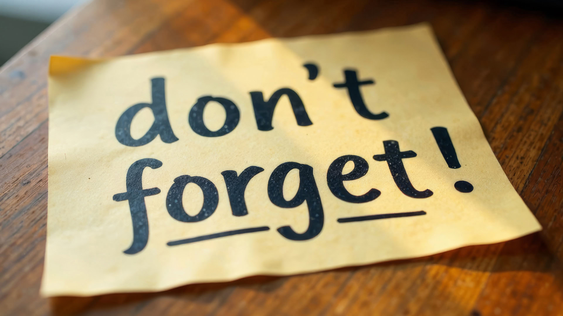 Notizzettel mit der Aufschrift "don't forget" auf einem Holztisch, symbolisiert die automatische Erinnerung durch OKR Tools.