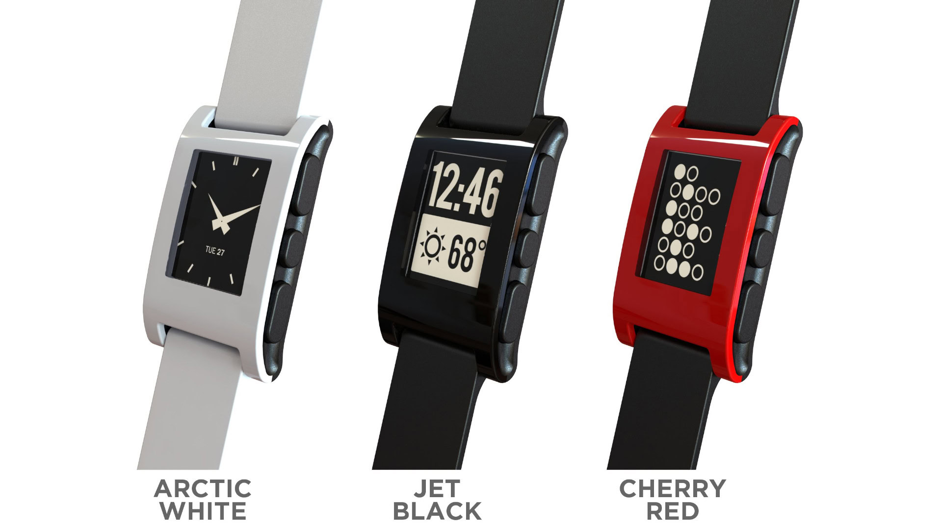 Varianten der Pebble Watch, die mit Hilfe von Crowdfunding finanziert wurde.