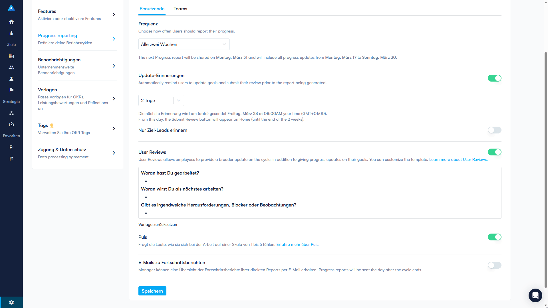 Einstellungsmöglichkeiten im OKR Tool Perdoo