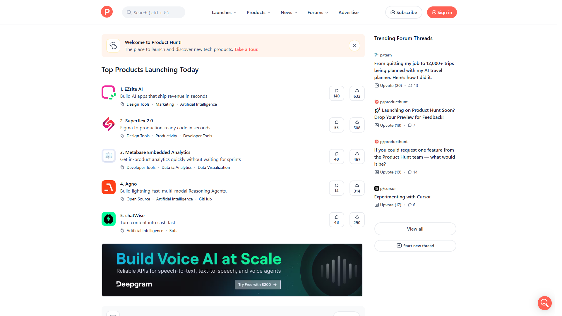Screenshot der Product-Hunt-Startseite, das mit einer Email-Kampagne erfolgreich wurde.