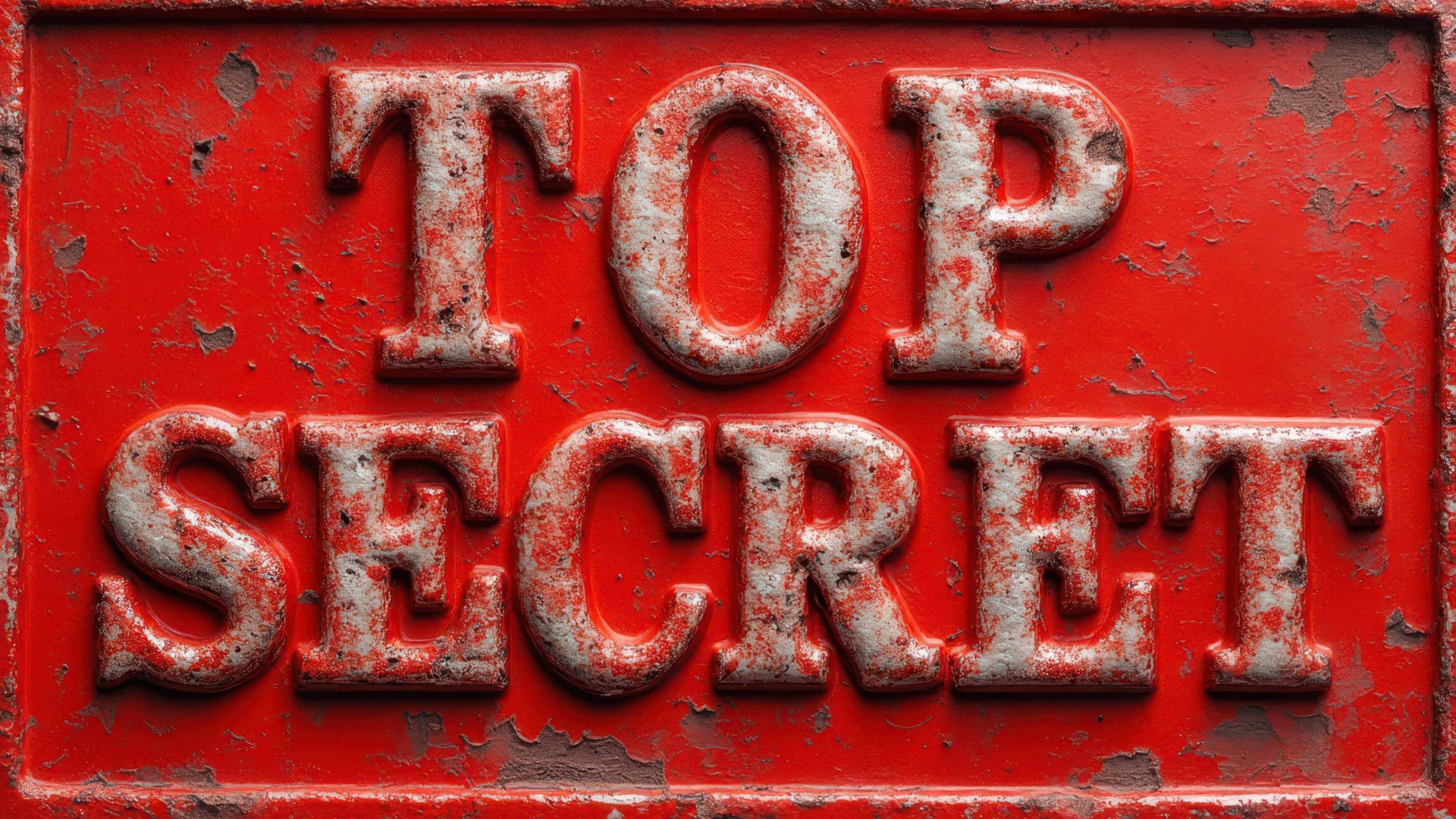 Rotes, stark verwittertes Metallschild mit dem erhabenen Schriftzug TOP SECRET in abgenutzten weißen Buchstaben – wirkt geheimnisvoll, warnend und wie aus einem alten Spionagefilm.