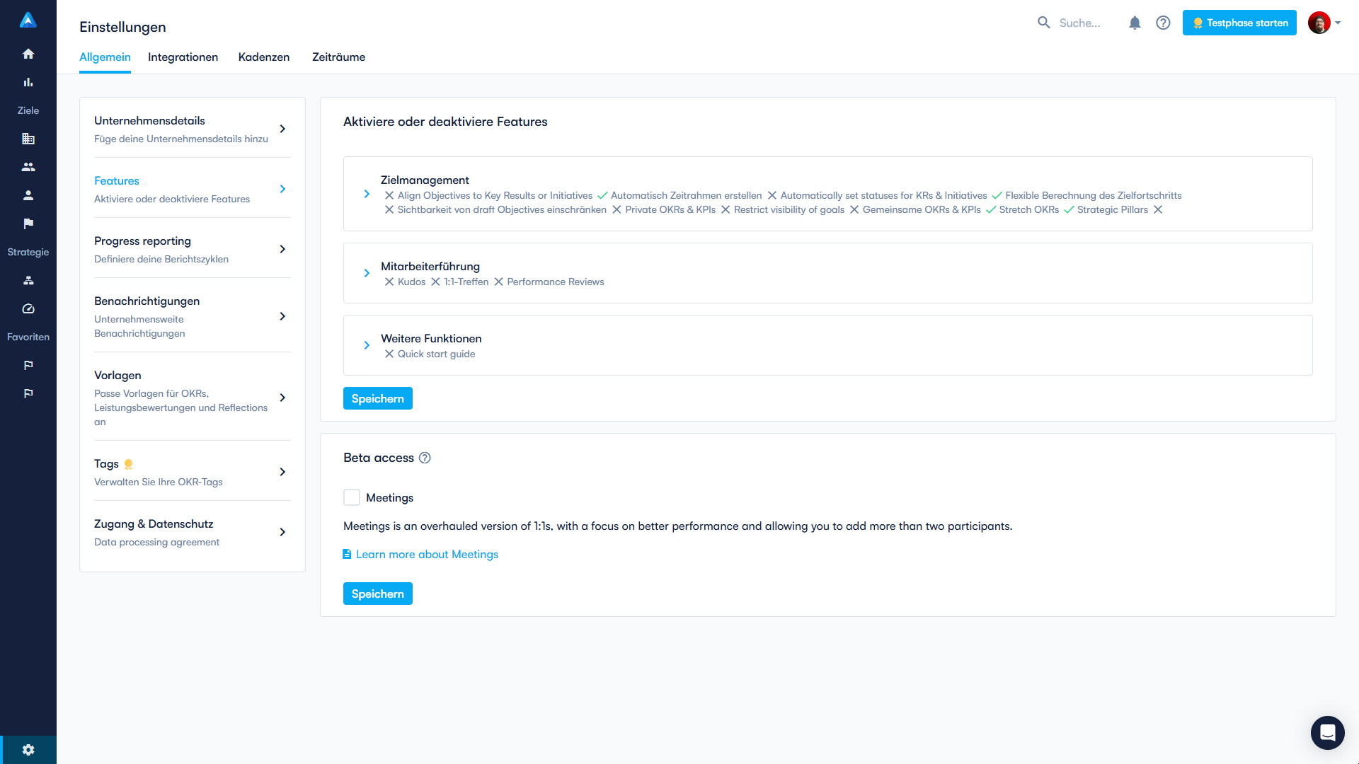 Menüoberfläche zur Deaktivierung von unnötigen Features im OKR Tool Perdoo.