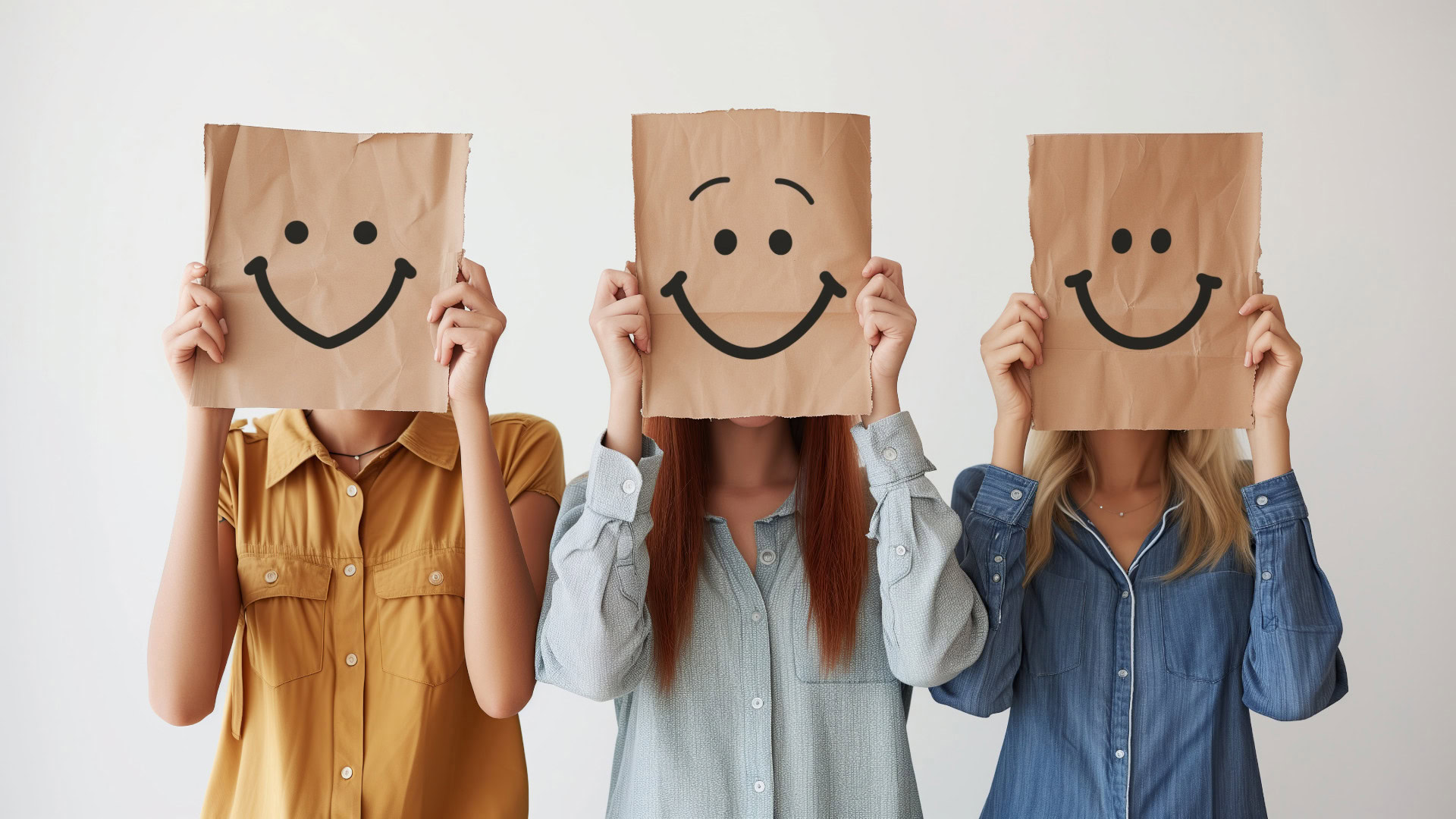 Drei Frauen halten jeweils ein zerknittertes Stück braunes Papier mit einem aufgemalten Smiley vor ihr Gesicht. Das Bild symbolisiert User Personas und die Idee, einer Zielgruppe durch fiktive, aber repräsentative Charaktere ein Gesicht zu verleihen.