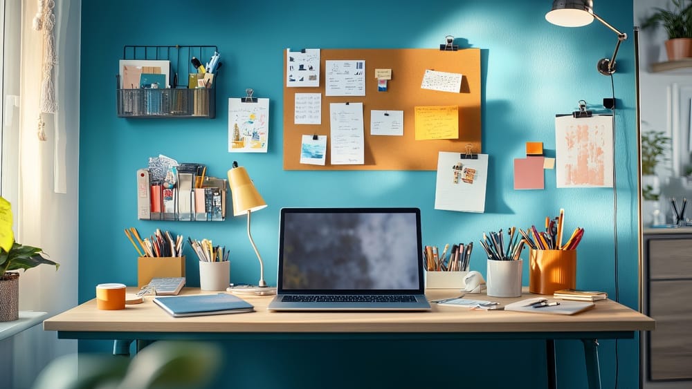 Der aufgeräumte, kreative Arbeitsplatz eines Solopreneurs mit Laptop, bunten Stiften und Notizen an einer Pinnwand vor einer türkisfarbenen Wand, beleuchtet von natürlichem Tageslicht.
