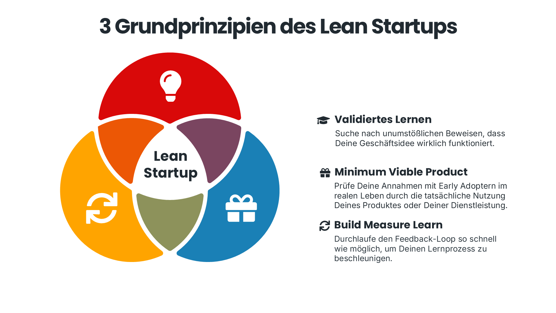 Grundprinzipien des Lean Startups mit einem Diagramm in drei bunten Segmenten, das die Konzepte Validiertes Lernen, Minimum Viable Product und Build Measure Learn veranschaulicht. Rechts daneben befinden sich kurze Beschreibungen der drei Prinzipien.