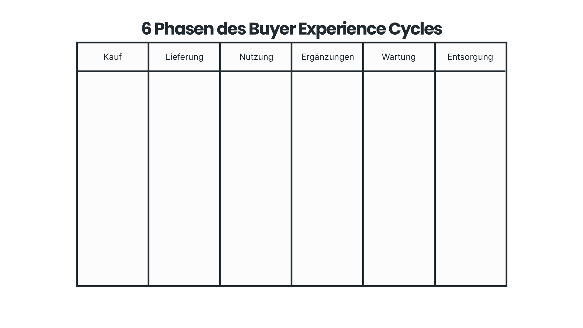 6 Phasen des Buyer Experience Cycles (Kauf, Lieferung, Nutzung, Ergänzung, Wartung und Entsorgung)
