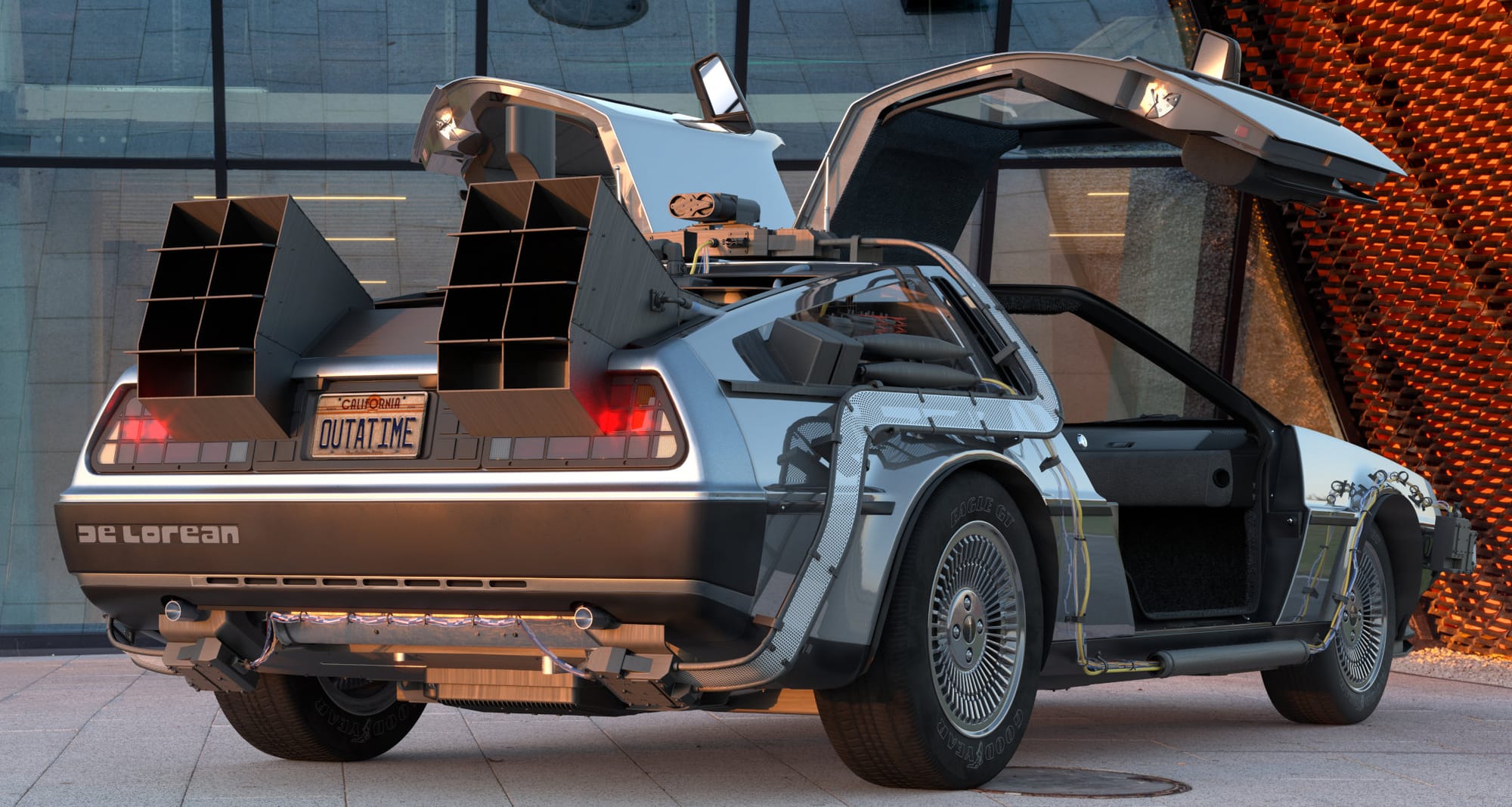 Heckansicht des Deloreans aus dem Film "Zurück in die Zukunft"