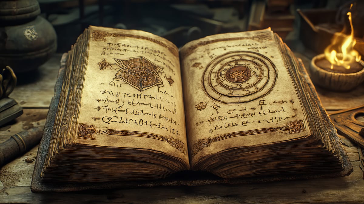 Ein alter Foliant mit kryptischer Geheimschrift und seltsamen Symbolen als Ursprung für agile Mythen