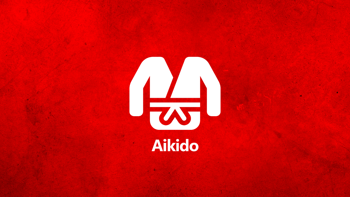 Ein stilisiertes Aikido-Symbol in Weiß auf einem strukturierten roten Hintergrund. Das Design zeigt einen traditionellen Kamp