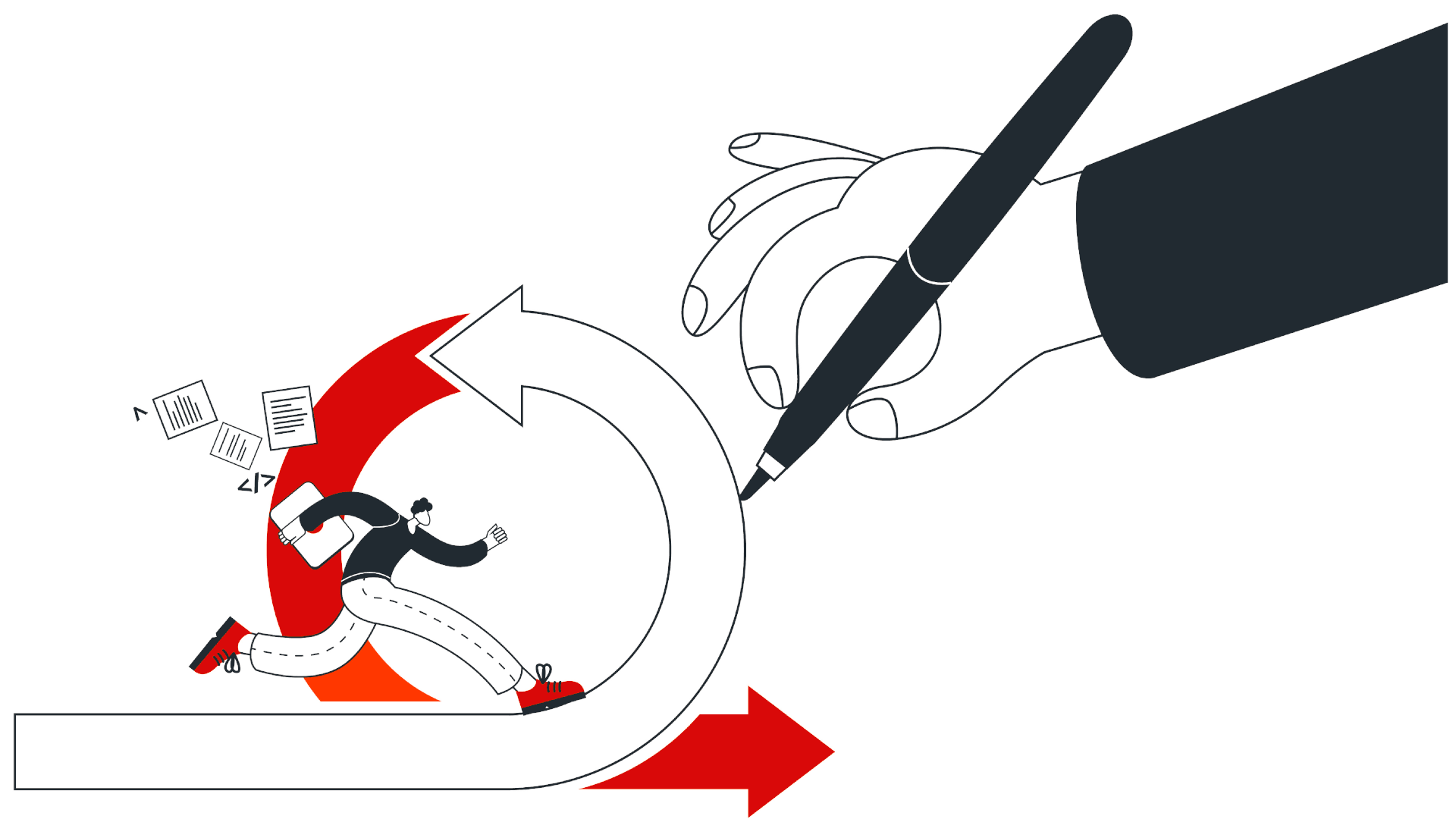 Eine minimalistische Illustration zeigt eine Hand, die einen agilen Zyklus zeichnet, während eine rennende Person mit Dokumen