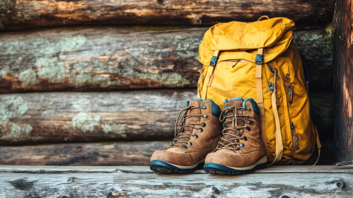Abgenutzte Wanderschuhe und ein gelber Rucksack vor einer Holzwand — sinnbildlich für unternehmerisches Starten mit einfachen