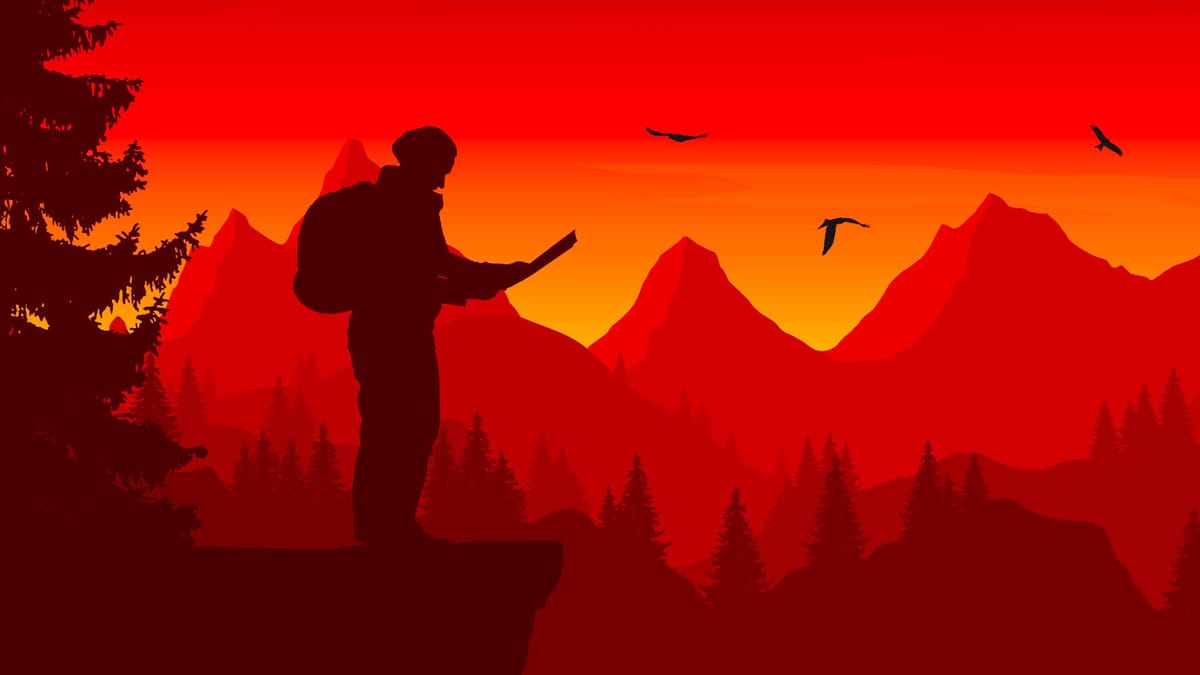 Silhouette eines Backpackers, der auf einer Karte nach dem Weg sucht. Er steht vor einer Bergkette. Das gesamte Bild ist in Rottönen gehalten.