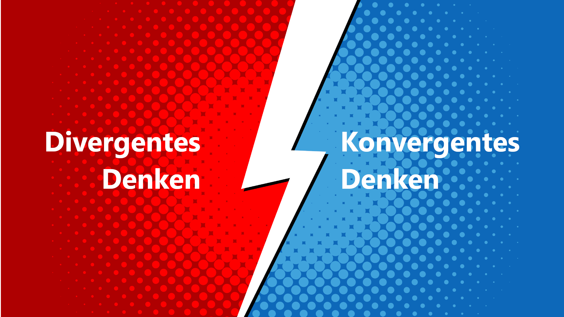 Vergleich von divergentem und konvergentem Denken in einem Comic-Stil mit einer roten und blauen Hintergrundhälfte, getrennt