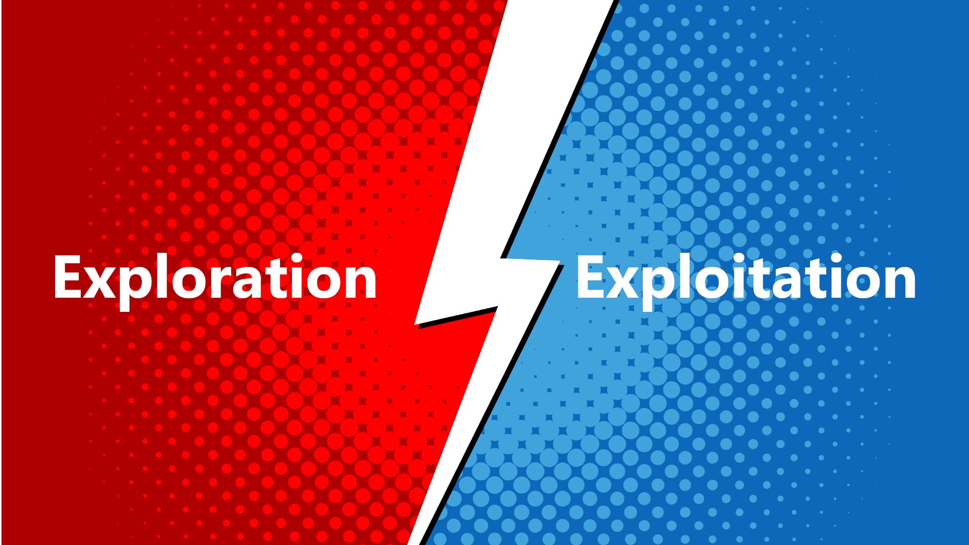 Eine stilisierte Darstellung des Spannungsfeldes zwischen Exploration und Exploitation. Die linke Seite in Rot steht für die