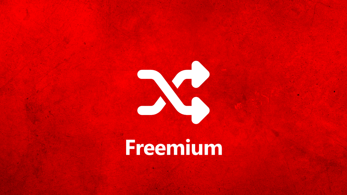 Ein weißes Shuffle-Icon mit der Unterschrift Freemium vor einem roten Hintergrund.