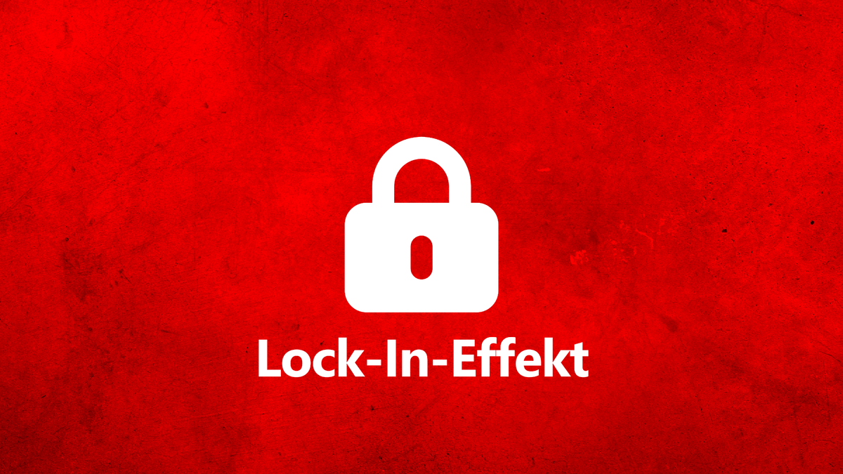 Ein weißes Schloss-Symbol auf rotem Hintergrund mit dem Schriftzug "Lock-In-Effekt". Diese Grafik veranschaulicht das Geschäf