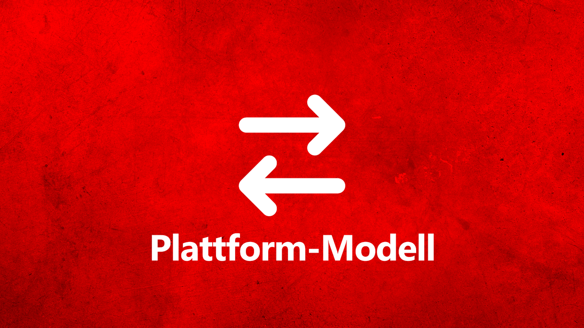 Eine rote Grafik mit zwei weißen, entgegengesetzten Pfeilen und dem Schriftzug "Plattform-Modell". Die Darstellung symbolisie