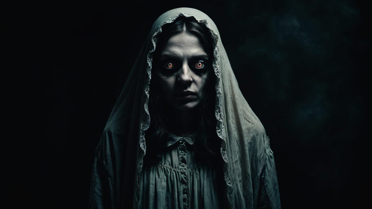 Unheimliche, geisterhafte Frau mit leuchtenden, roten Augen und dunklen Augenringen, trägt ein altmodisches Kleid mit Spitzen.