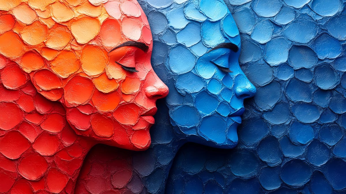 Zwei Gesichter, eines in Rot und eines in Blau, symbolisieren den Wechsel vom "Red Ocean" zum "Blue Ocean" in der Wettbewerbs